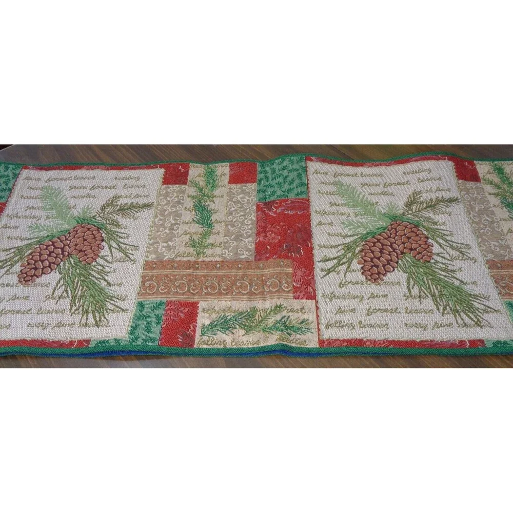 Vintage Christmas Table Runner Pinecones Red Green Patchwork Look Weave 12x72
